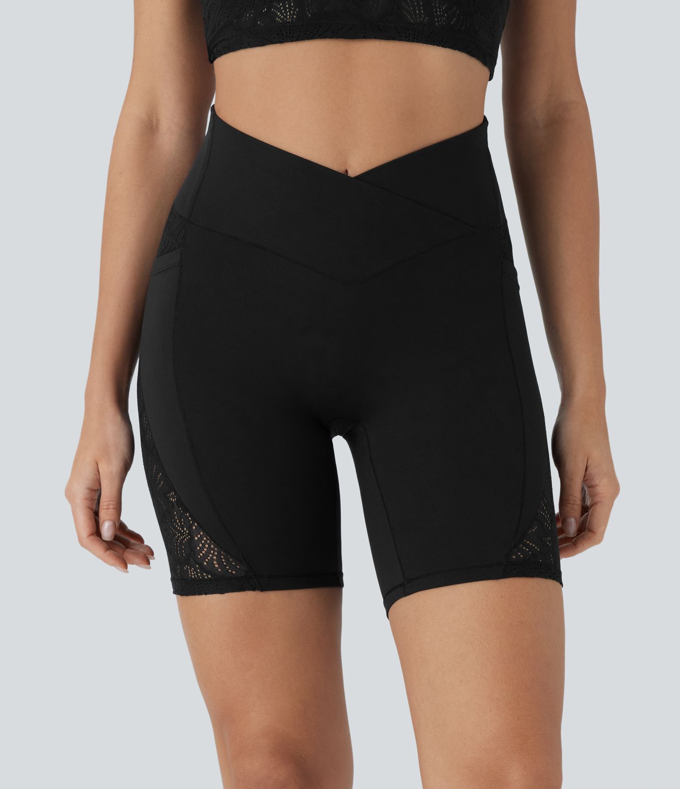 Softlyzero™ High Waisted Crossover Contrast Lace Yoga Biker Shorts 7'' with Pockets-UPF50+