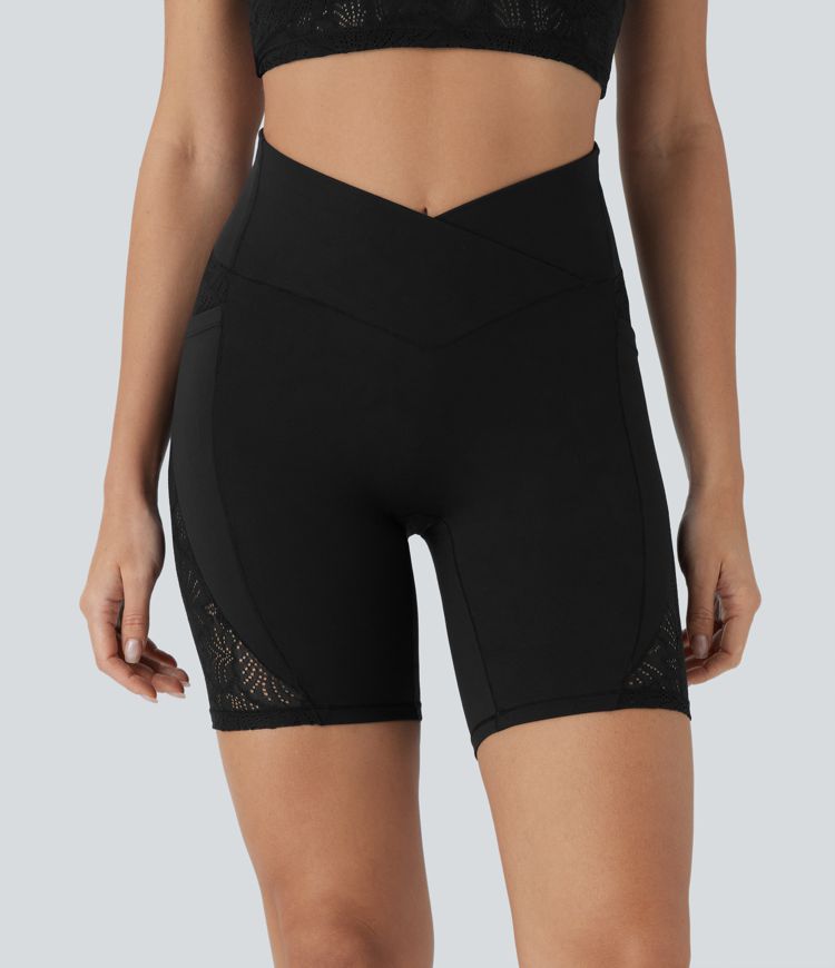 Softlyzero™ High Waisted Crossover Contrast Lace Yoga Biker Shorts 7'' with Pockets-UPF50+