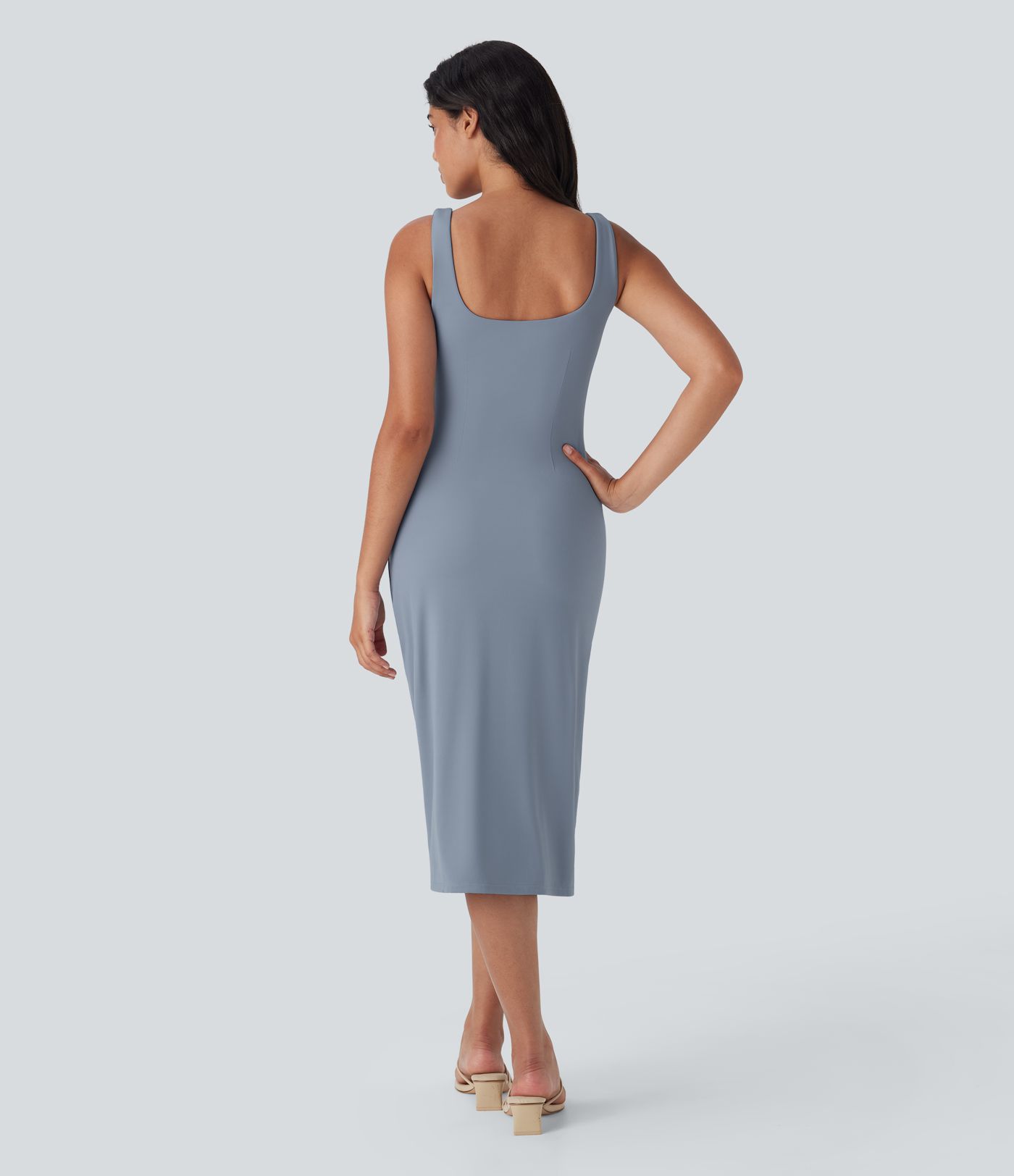 SoftlyZero™ Airy Square Neck Corset Ruched Bodycon Midi Cool Touch Dress D-F Cups
