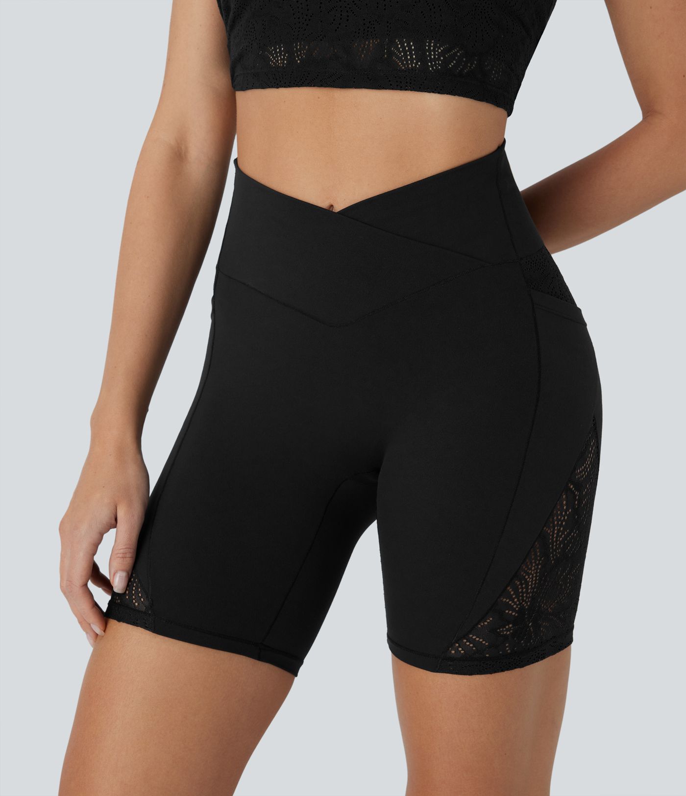 Softlyzero™ High Waisted Crossover Contrast Lace Yoga Biker Shorts 7'' with Pockets-UPF50+