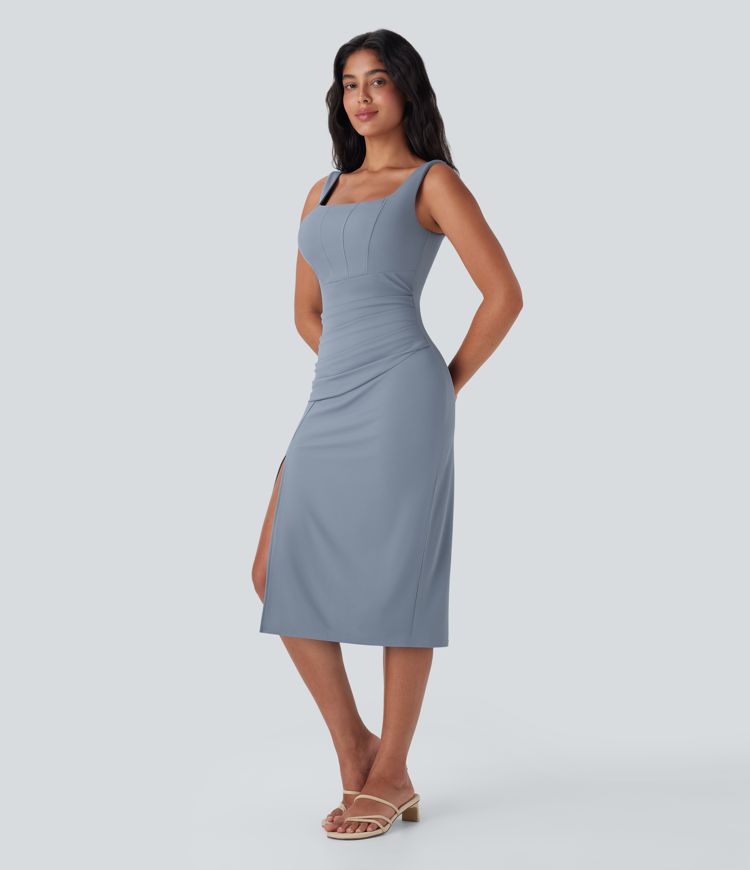 Softlyzero™ Airy Square Neck Backless Corset Ruched Split Bodycon Midi Cool Touch Bridesmaid and Wedding Guest Dress-D/DD/DDD/F Cups