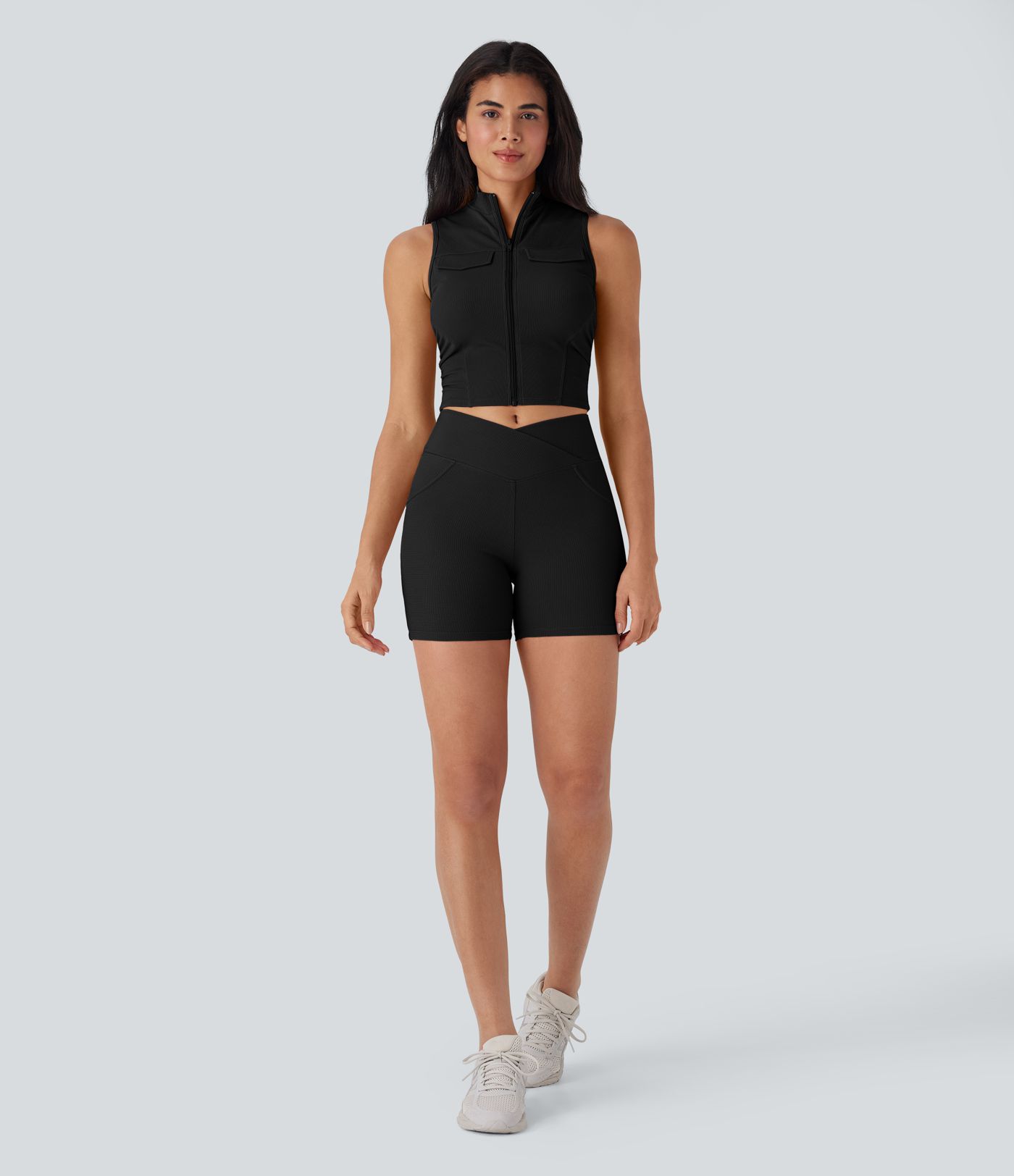 Stand Collar Zipper Ruched Skinny Cropped Waffle Yoga Tank Top