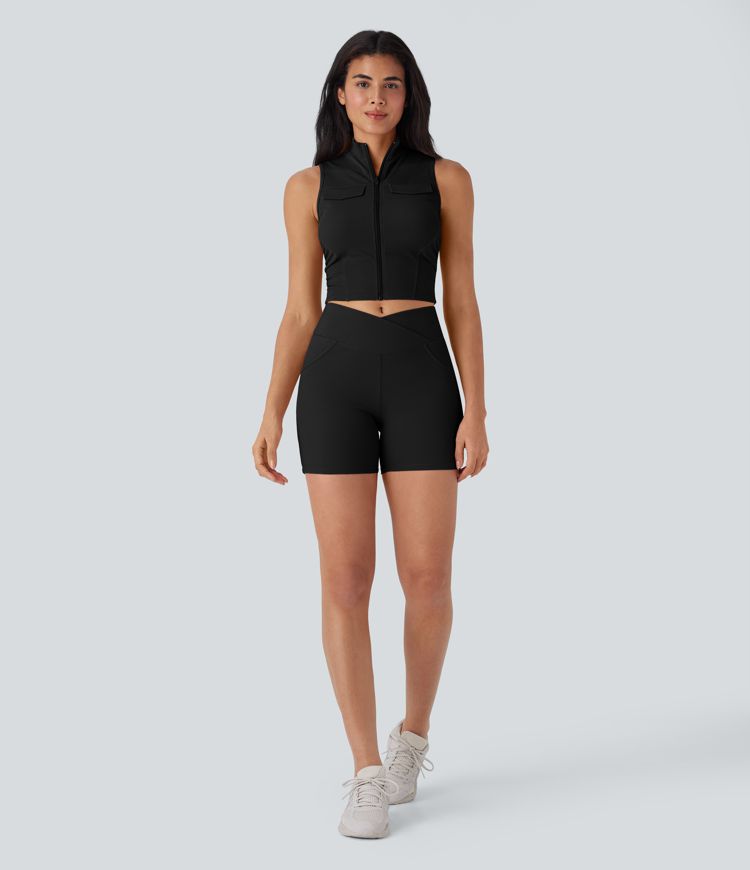 Stand Collar Zipper Ruched Skinny Cropped Waffle Yoga Tank Top