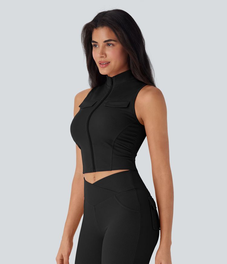 Stand Collar Zipper Ruched Skinny Cropped Waffle Yoga Tank Top