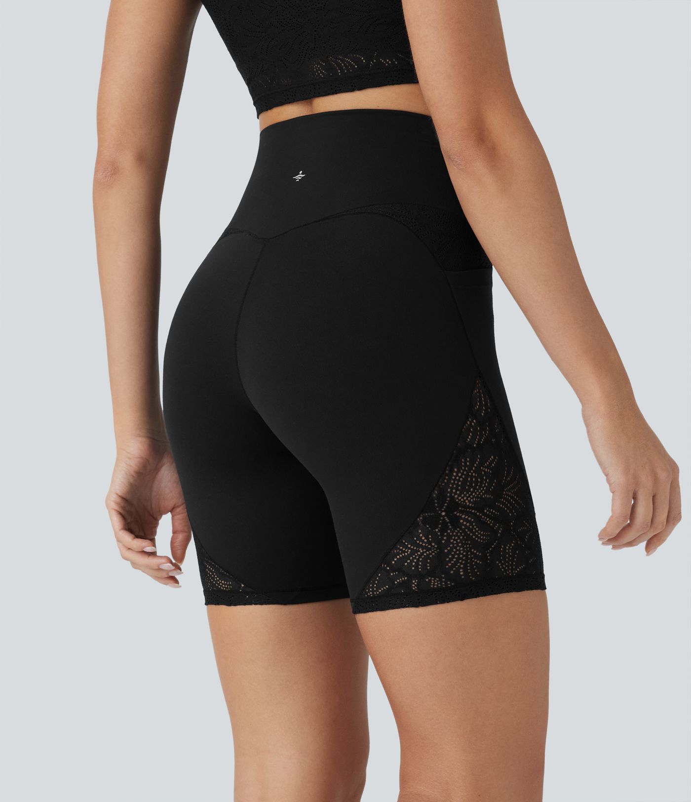 Softlyzero™ High Waisted Crossover Contrast Lace Yoga Biker Shorts 7'' with Pockets-UPF50+