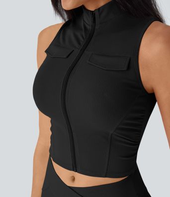 Stand Collar Zipper Ruched Skinny Cropped Waffle Yoga Tank Top