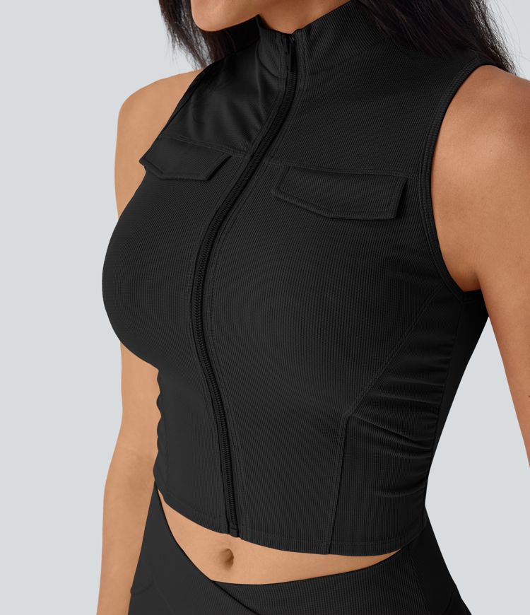 Stand Collar Zipper Ruched Skinny Cropped Waffle Yoga Tank Top