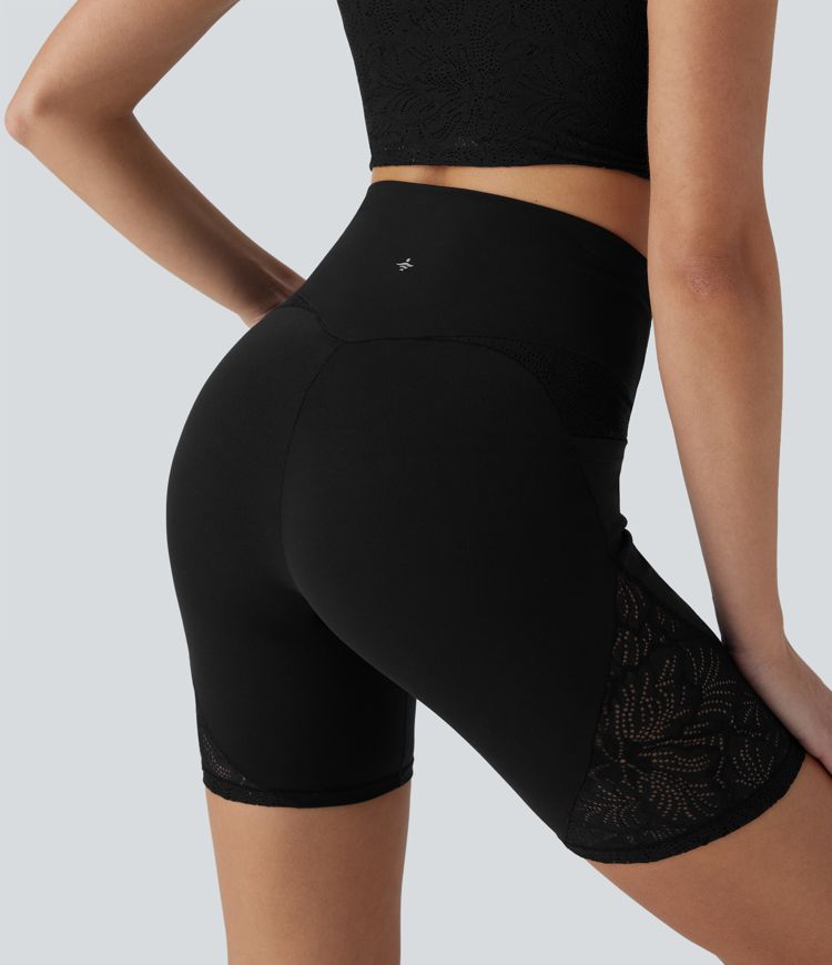 Softlyzero™ High Waisted Crossover Contrast Lace Yoga Biker Shorts 7'' with Pockets-UPF50+