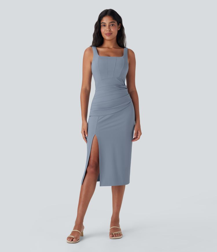 SoftlyZero™ Airy Square Neck Corset Ruched Bodycon Midi InstantCool Dress DD-F Cups