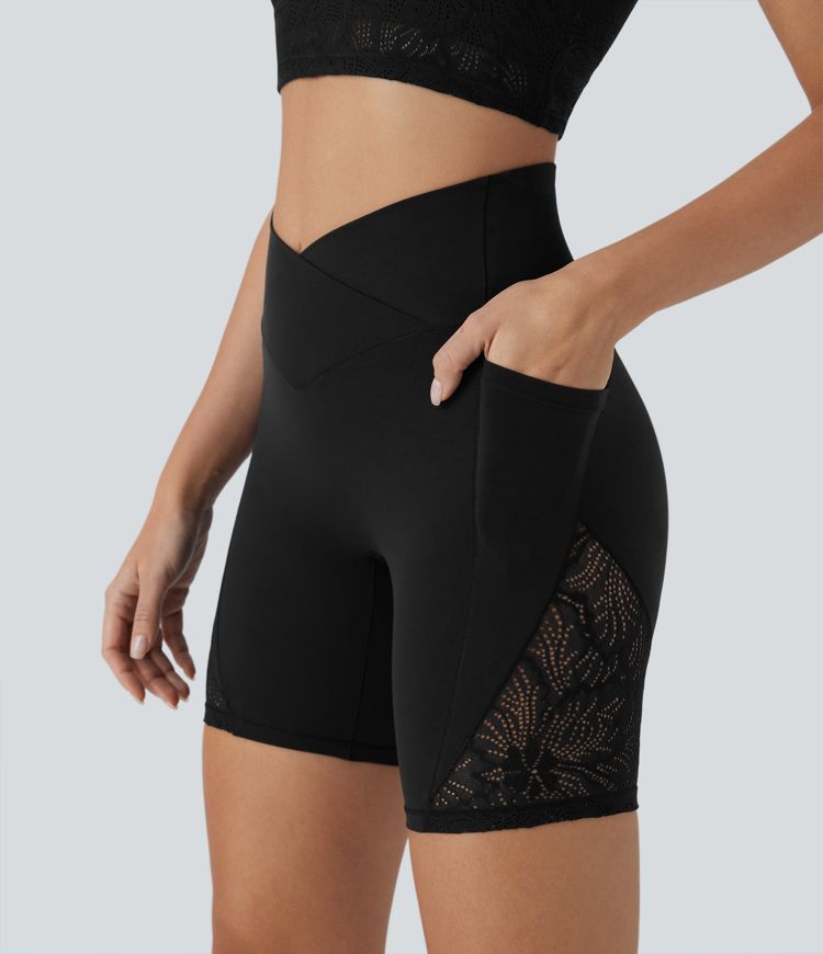 Softlyzero™ High Waisted Crossover Contrast Lace Yoga Biker Shorts 7'' with Pockets-UPF50+