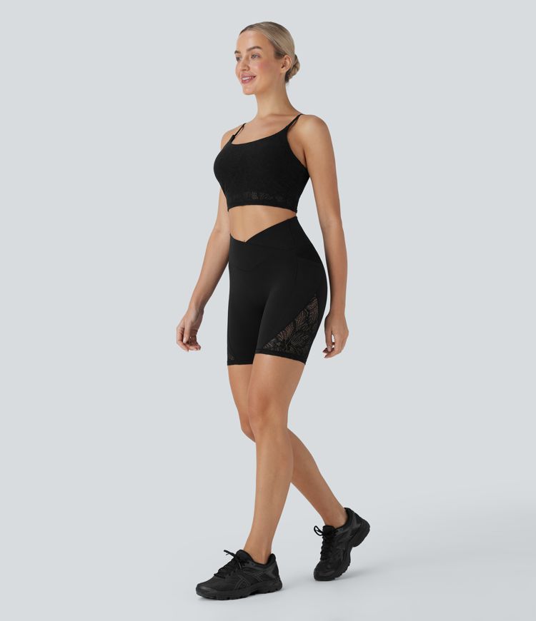 Softlyzero™ High Waisted Crossover Contrast Lace Yoga Biker Shorts 7'' with Pockets-UPF50+