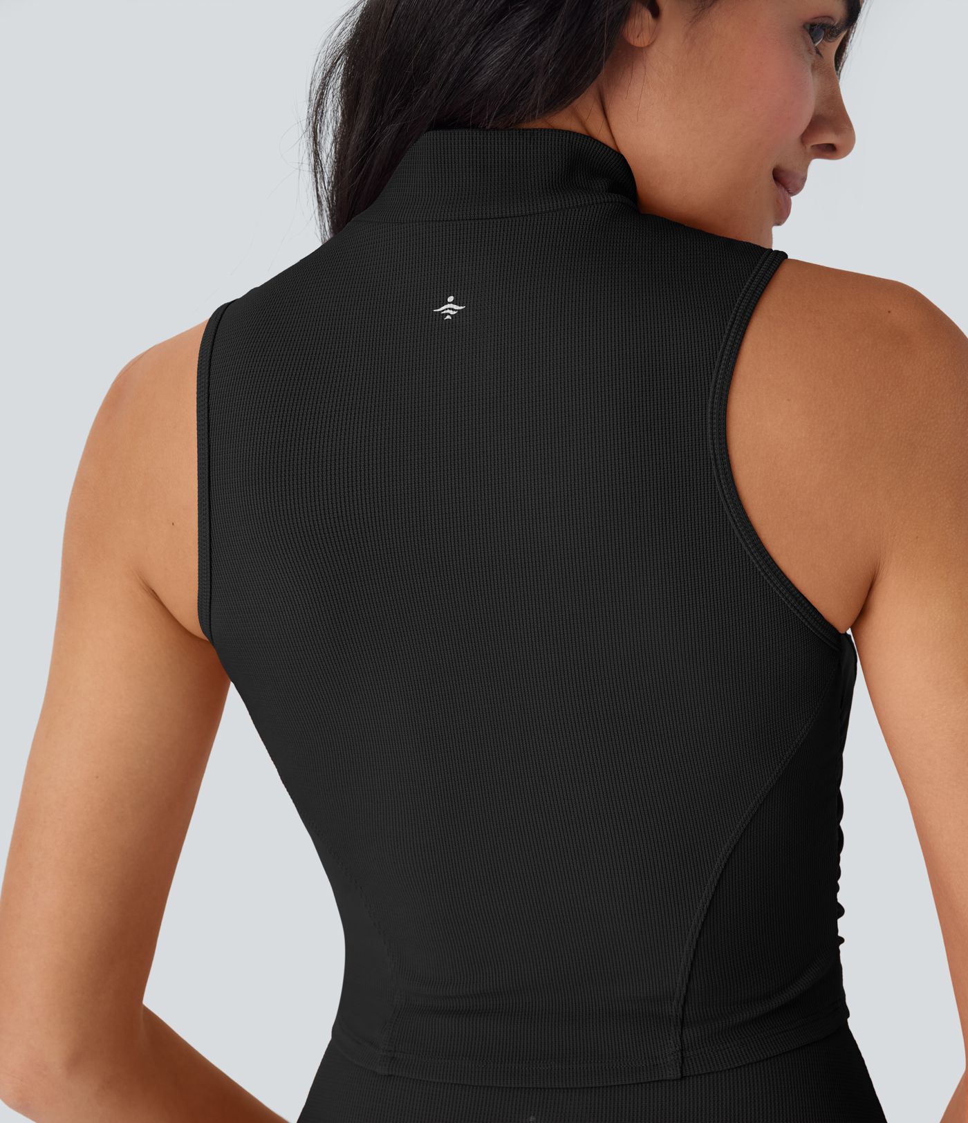 Stand Collar Zipper Ruched Skinny Cropped Waffle Yoga Tank Top