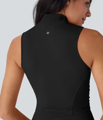 Stand Collar Zipper Ruched Skinny Cropped Waffle Yoga Tank Top