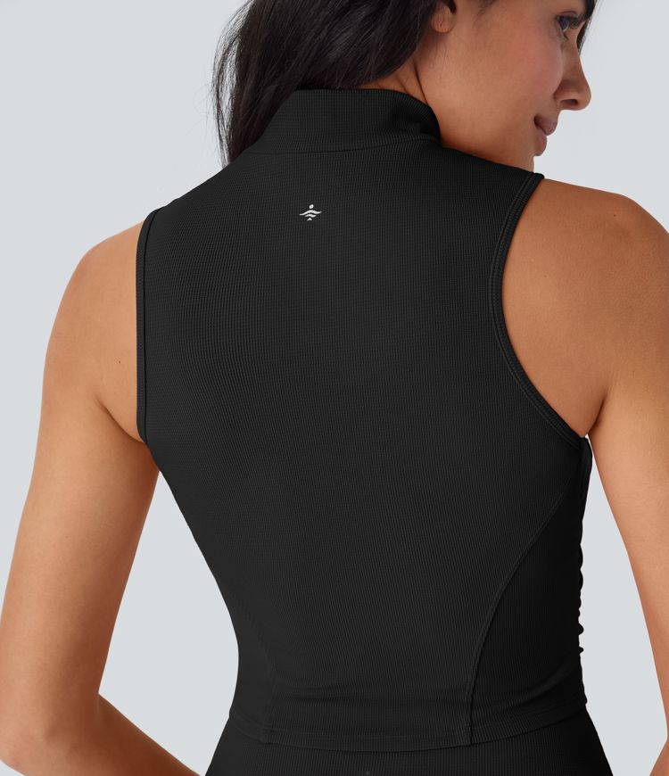 Stand Collar Zipper Ruched Skinny Cropped Waffle Yoga Tank Top