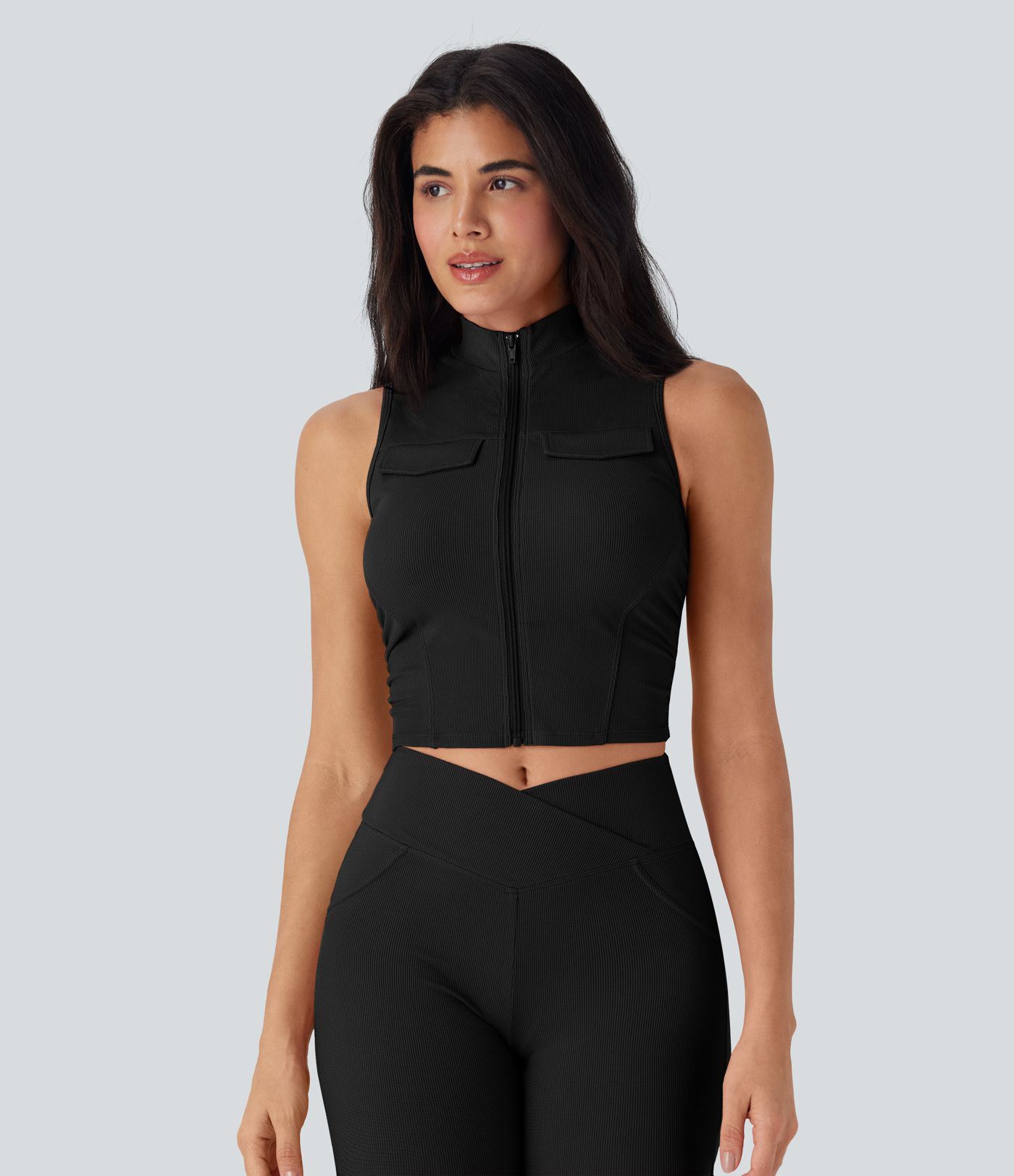 Stand Collar Zipper Ruched Skinny Cropped Waffle Yoga Tank Top