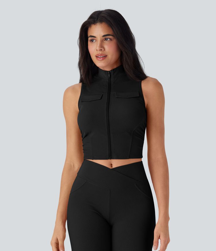 Stand Collar Zipper Ruched Skinny Cropped Waffle Yoga Tank Top