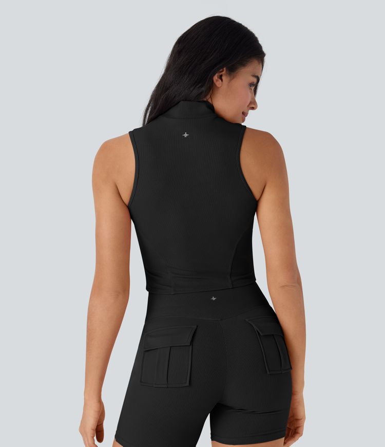 Stand Collar Zipper Ruched Skinny Cropped Waffle Yoga Tank Top