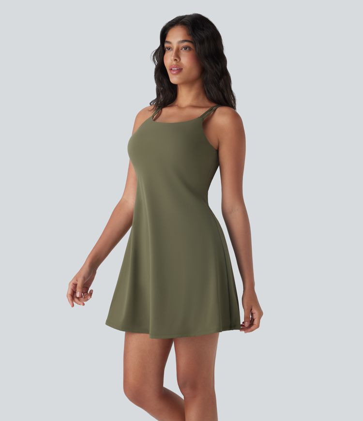 Robe de sport danse 2-pièces SoftlyZero™ Plush double bretelles caraco avec poches D-F