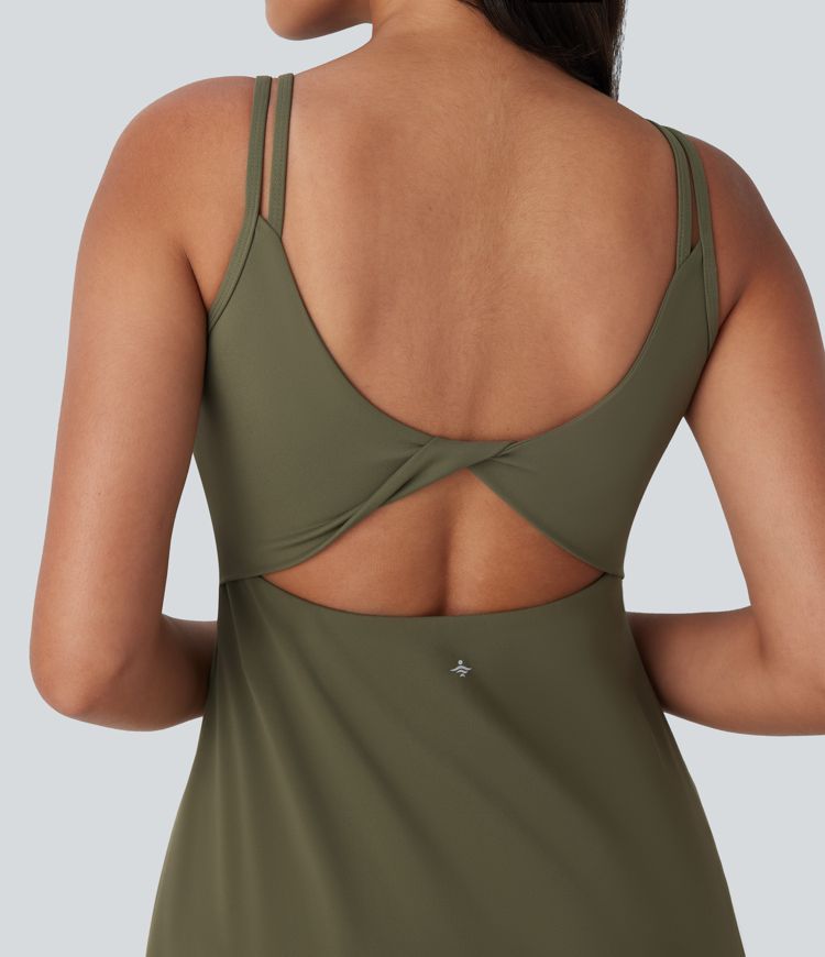 Robe de sport danse 2-pièces SoftlyZero™ Plush double bretelles caraco avec poches D-F