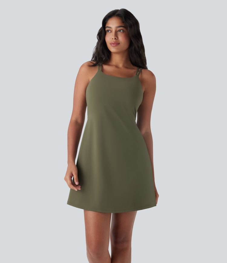 Robe de sport danse 2-pièces SoftlyZero™ Plush double bretelles caraco avec poches D-F