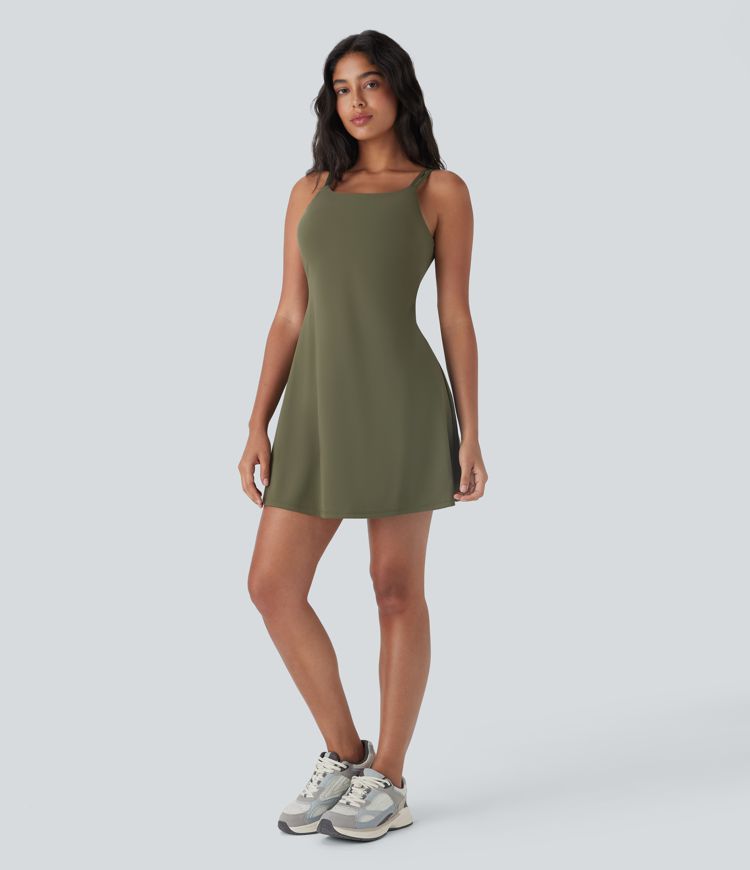 Robe de sport danse 2-pièces SoftlyZero™ Plush double bretelles caraco avec poches D-F