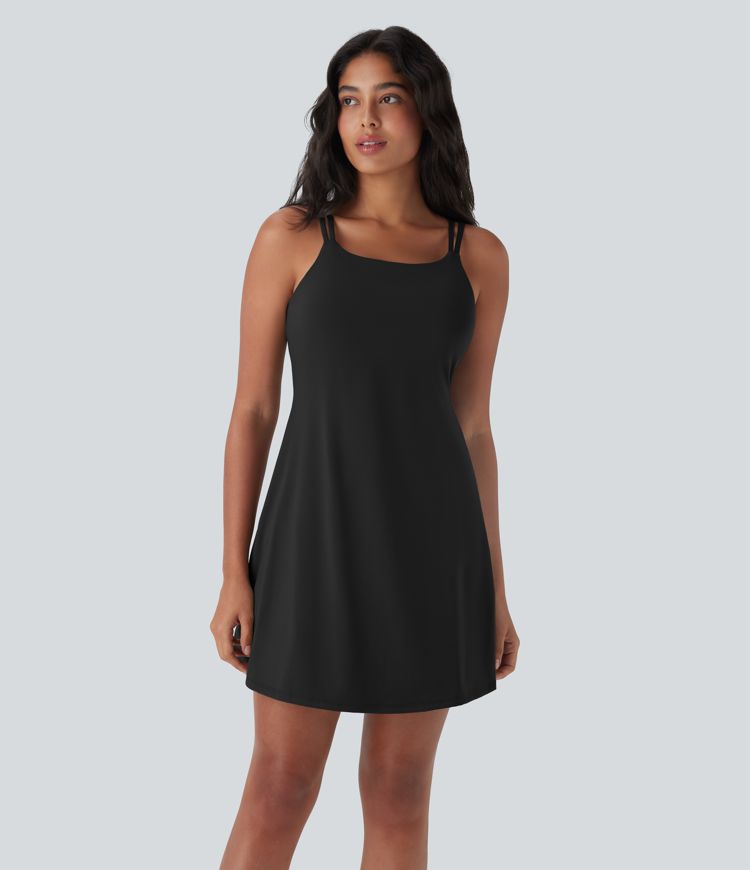 Softlyzero™ Plush Double Straps Backless Twisted 2-Piece Pockets Slip Dance Active Dress D/DD/DDD/F Cups