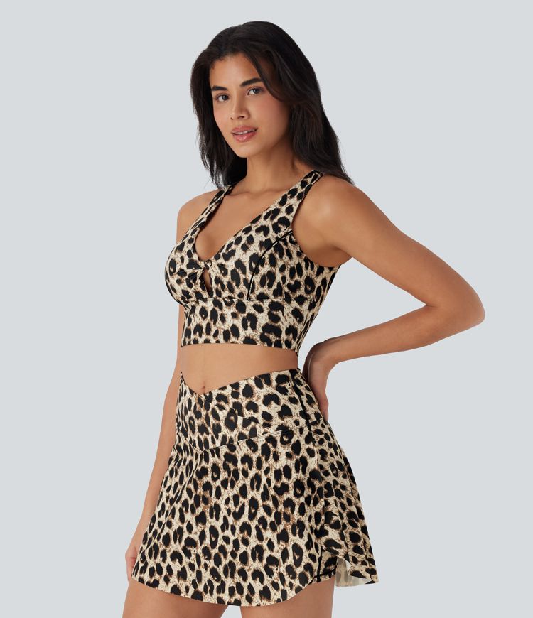 V Neck Cut Out Leopard Print Cool Touch Quick Dry Sports Bra