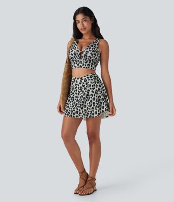 Falda mini cruzada de cintura alta con estampado de leopardo, 2 en 1, de secado rápido y con bolsillos