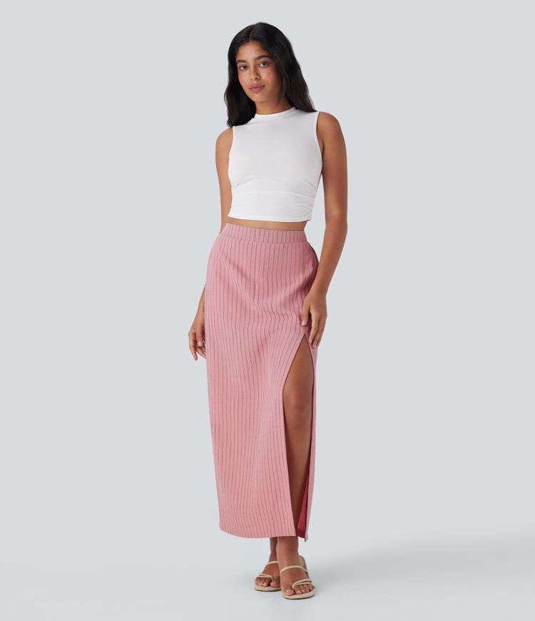 Jupe longue taille haute aspect lin avec fente et rayures, poches latérales pour les vacances