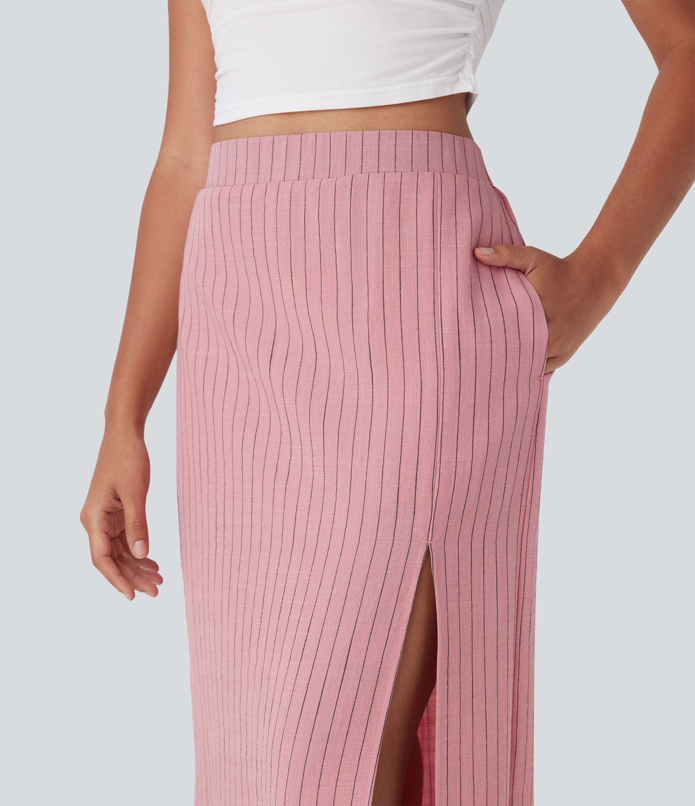 Jupe longue taille haute aspect lin avec fente et rayures, poches latérales pour les vacances