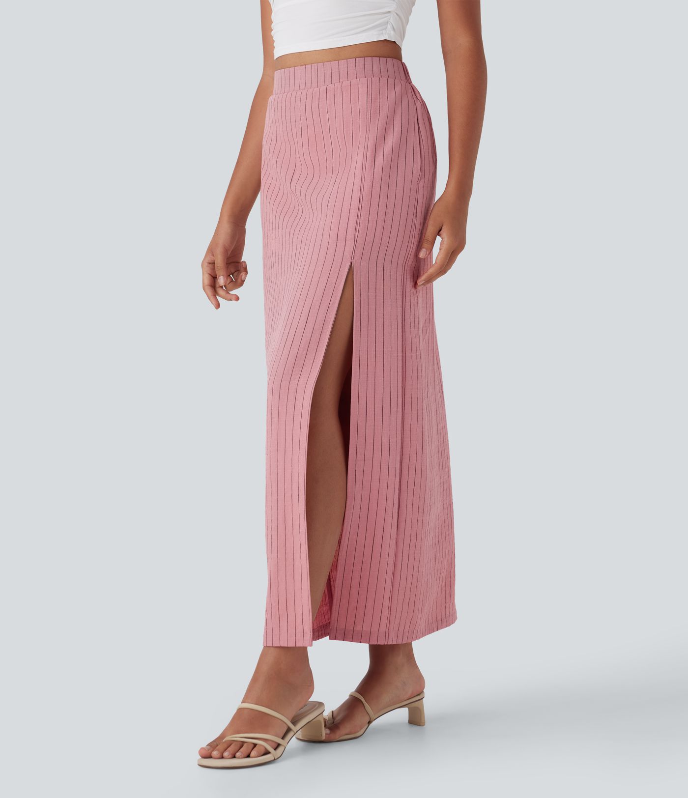 Jupe longue taille haute aspect lin avec fente et rayures, poches latérales pour les vacances