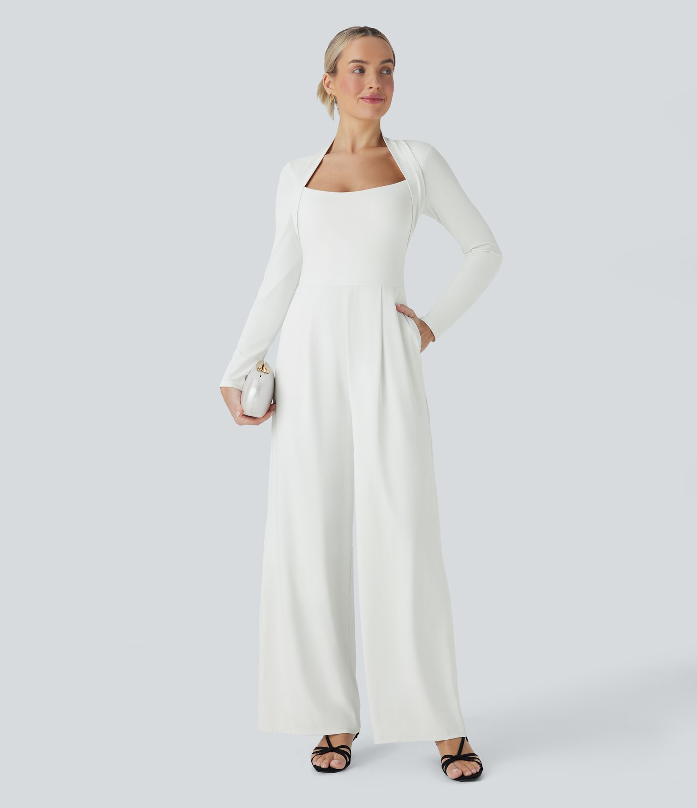 Combinaison demoiselle d'honneur et invitée de mariage à jambes larges, manches longues et fermeture éclair invisible avec poches - Édition Easy Peasy