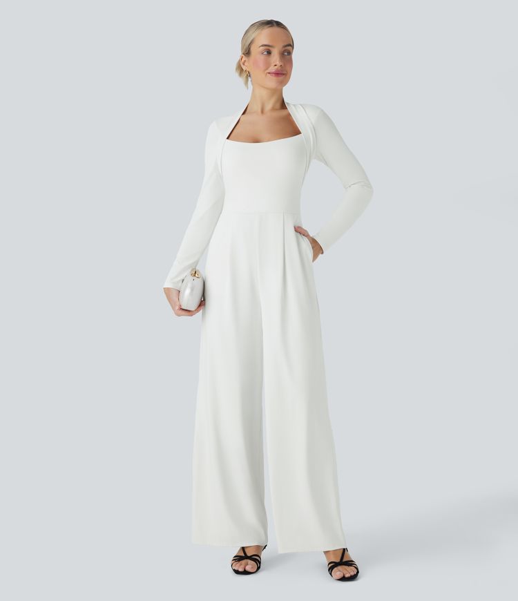 Combinaison demoiselle d'honneur et invitée de mariage à jambes larges, manches longues et fermeture éclair invisible avec poches - Édition Easy Peasy