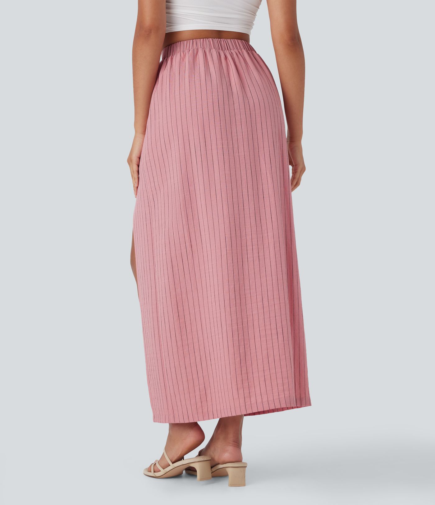 Jupe longue taille haute aspect lin avec fente et rayures, poches latérales pour les vacances