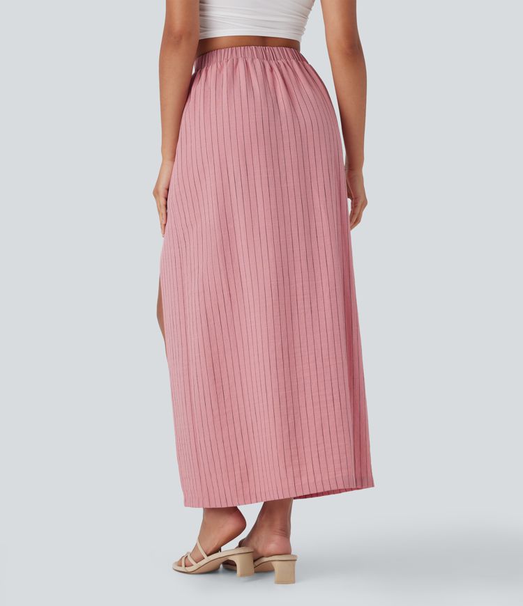 Jupe longue taille haute aspect lin avec fente et rayures, poches latérales pour les vacances