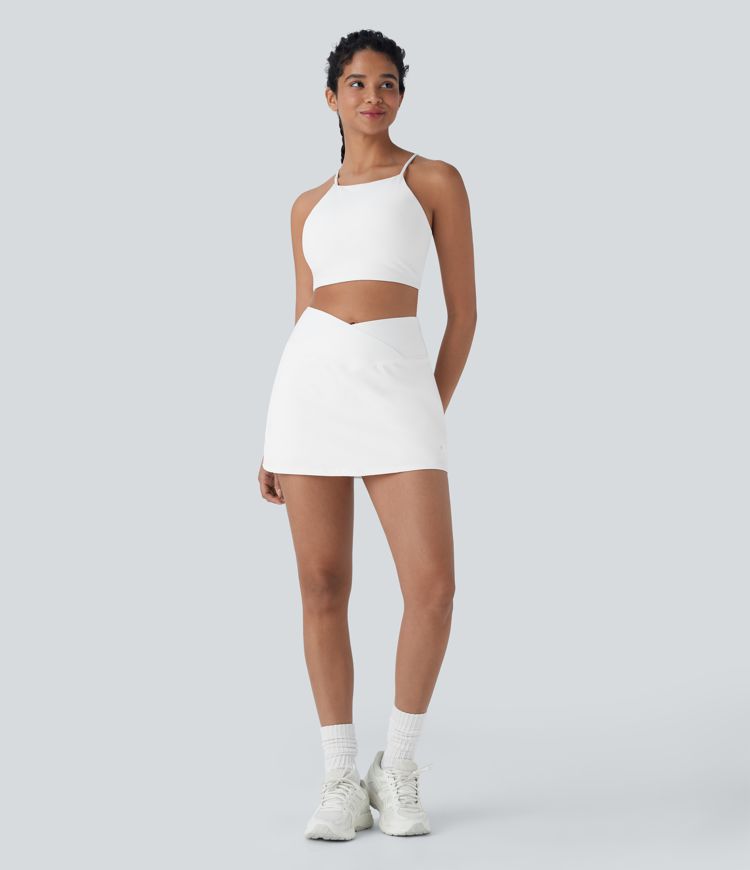 Softlyzero™ QuickDry Crossover High Waisted Tummy Control Built-in Butt Lifting Shorts A-line Mini Tennis Skirt with Pockets