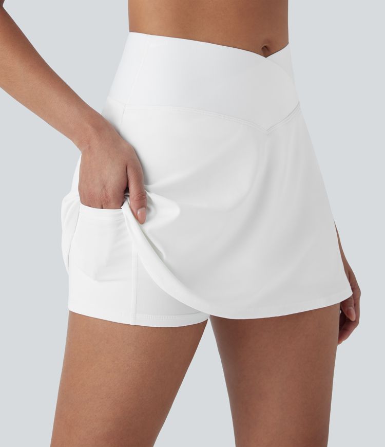 Softlyzero™ QuickDry Crossover High Waisted Tummy Control Built-in Butt Lifting Shorts A-line Mini Tennis Skirt with Pockets