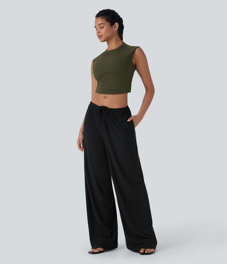 Ριμπ χαμηλοκάβαλο παντελόνι υψηλής ελαστικότητας με κορδόνι, φαρδιά μπατζάκια, χαλαρή casual γραμμή και τσέπες