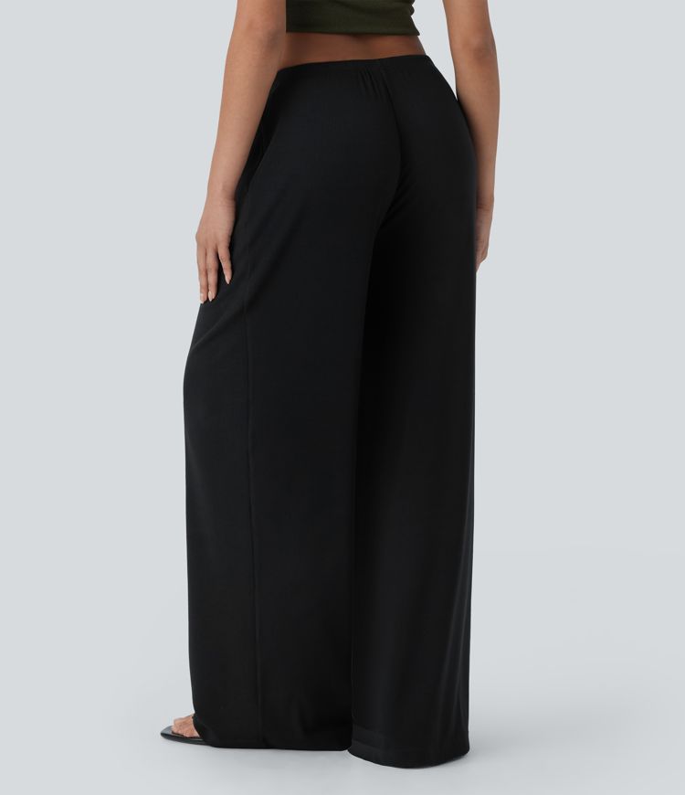 High Stretch Ribbed Low Rise Drawstring Wide Leg Flowy Casual Pants with Pockets