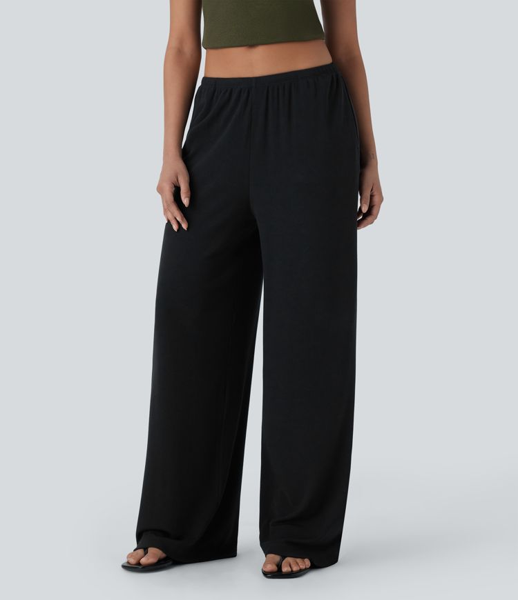 Ριμπ χαμηλοκάβαλο παντελόνι υψηλής ελαστικότητας με κορδόνι, φαρδιά μπατζάκια, χαλαρή casual γραμμή και τσέπες