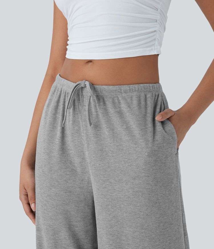 High Stretch Ribbed Low Rise Drawstring Wide Leg Flowy Casual Trousers with Pockets