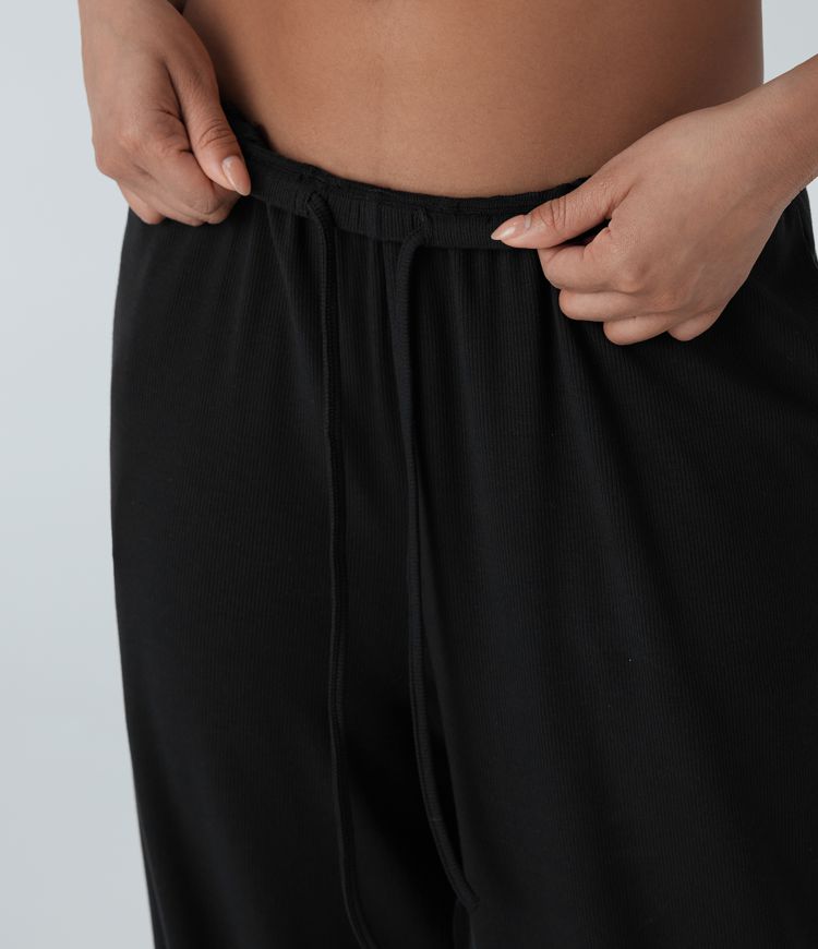 Ριμπ χαμηλοκάβαλο παντελόνι υψηλής ελαστικότητας με κορδόνι, φαρδιά μπατζάκια, χαλαρή casual γραμμή και τσέπες