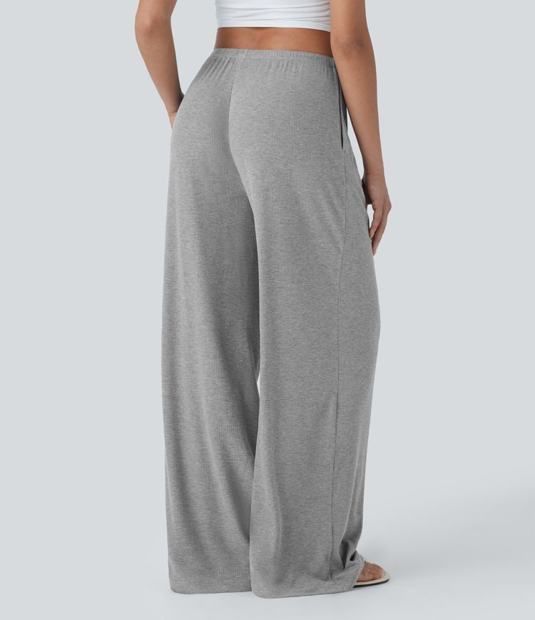 High Stretch Ribbed Low Rise Drawstring Wide Leg Flowy Casual Trousers with Pockets