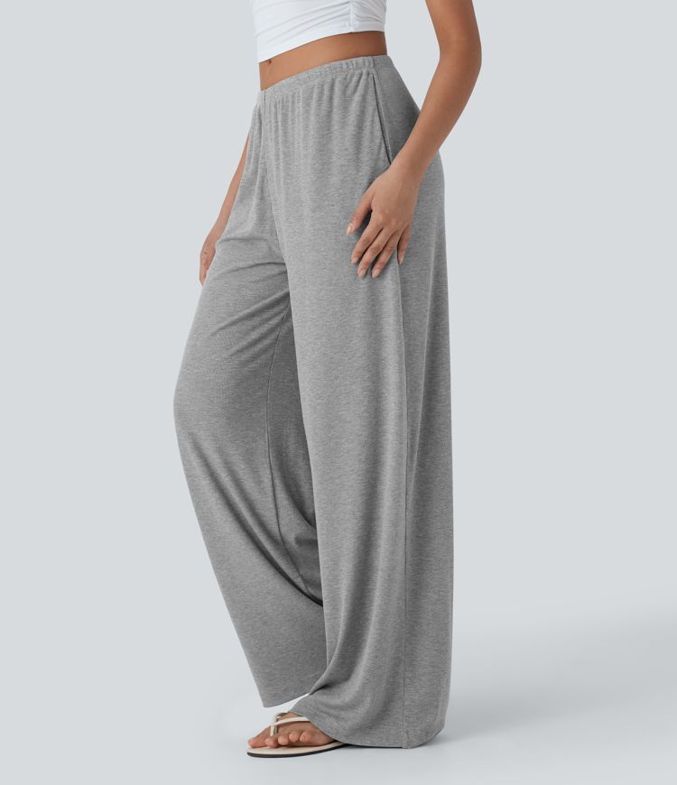 High Stretch Ribbed Low Rise Drawstring Wide Leg Flowy Casual Trousers with Pockets