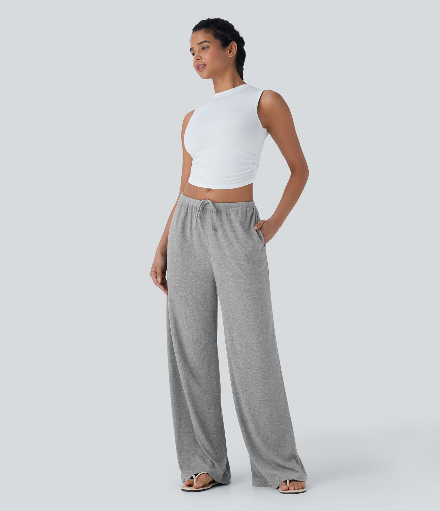 High Stretch Ribbed Low Rise Drawstring Wide Leg Flowy Casual Trousers with Pockets