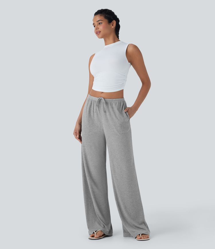 High Stretch Ribbed Low Rise Drawstring Wide Leg Flowy Casual Trousers with Pockets