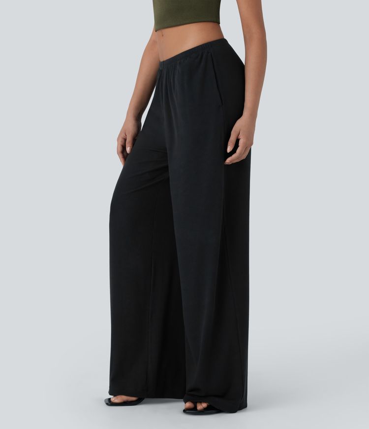 High Stretch Ribbed Low Rise Drawstring Wide Leg Flowy Casual Pants with Pockets