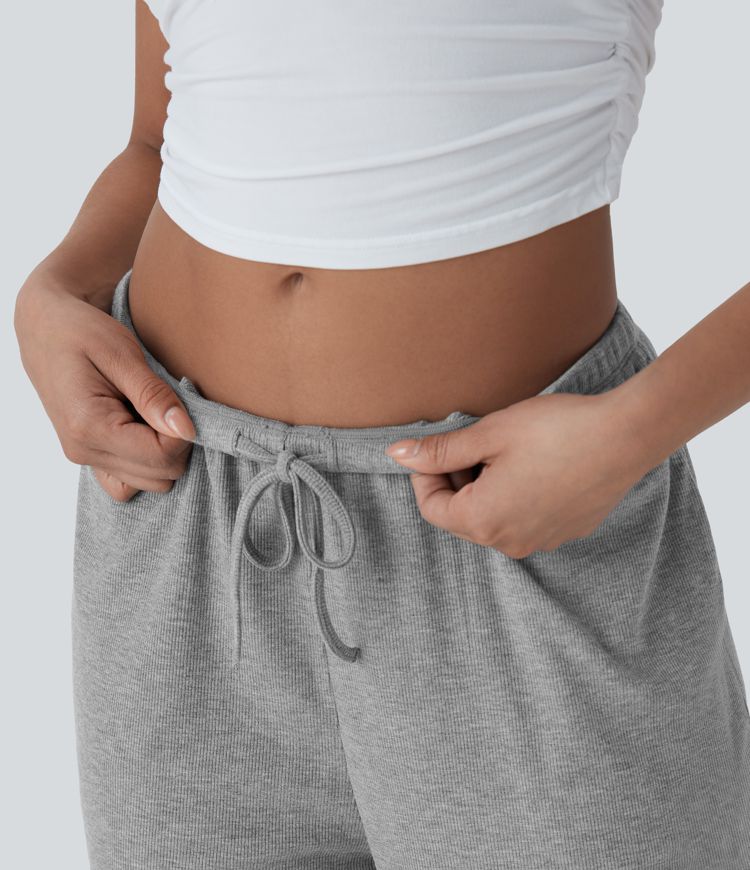 High Stretch Ribbed Low Rise Drawstring Wide Leg Flowy Casual Trousers with Pockets