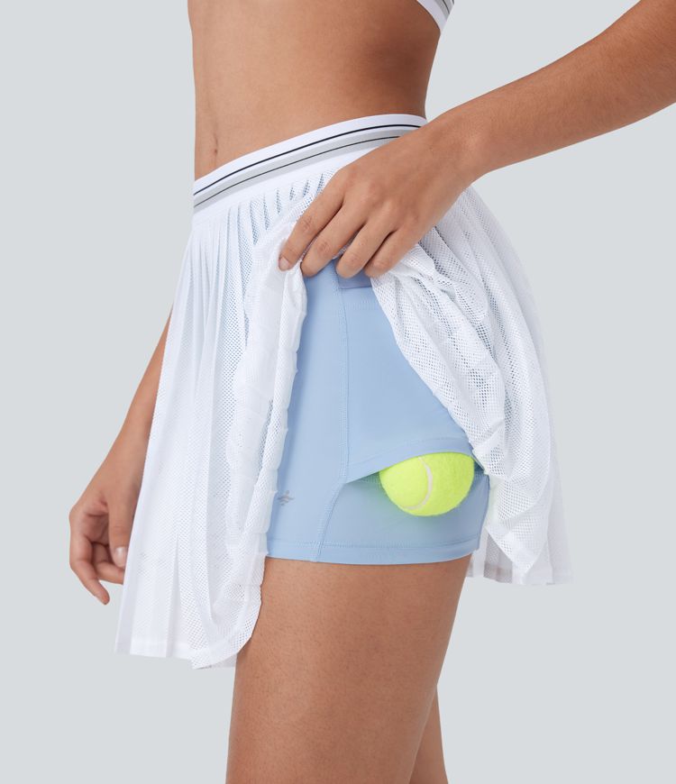High Waisted Color Block 2-in-1 Pocket Cut Out Pleated Cool Touch Quick Dry Mini Tennis Skirt