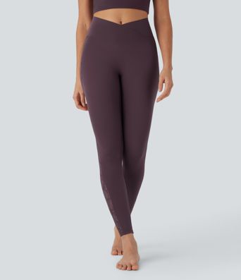 SoftlyZero™ High Waisted Crossover Contrast Lace Pocket Yoga Leggings-UPF50+